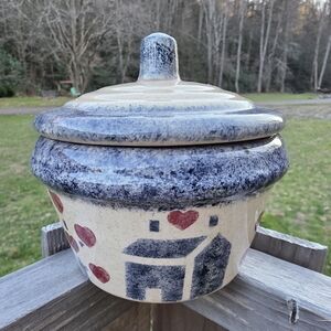 Vintage Stoneware Primitive Blue Spongeware Red Heart Lidded Bowl Cottagecore